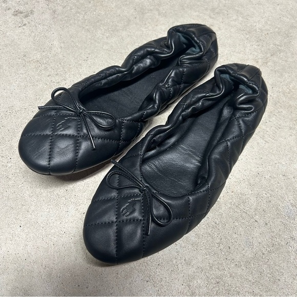 Polo Ralph Lauren Quilted Lambskin Ballet Flats Women’s 9B Black Logo Bow - Picture 1 of 7